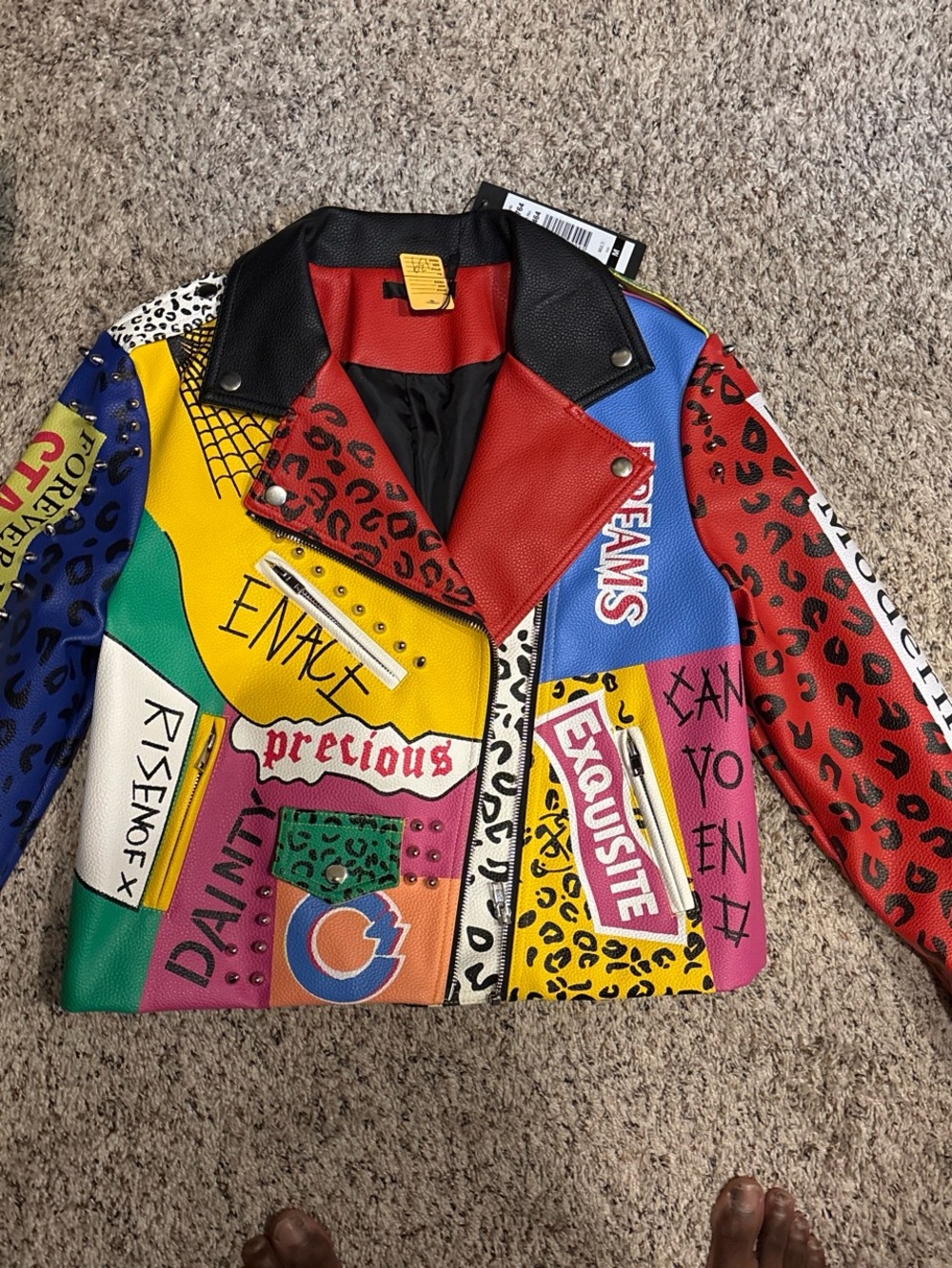 Multicolor Graphic Faux Leather Moto Jacket - Bold Patchwork Design